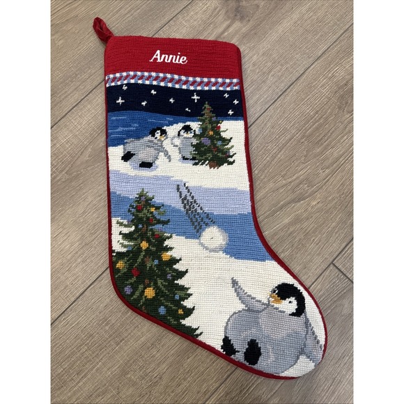 Lands' End Other - Land's End Needlepoint Wool Christmas Stocking Customized ANNIE 17" vgt Penguins